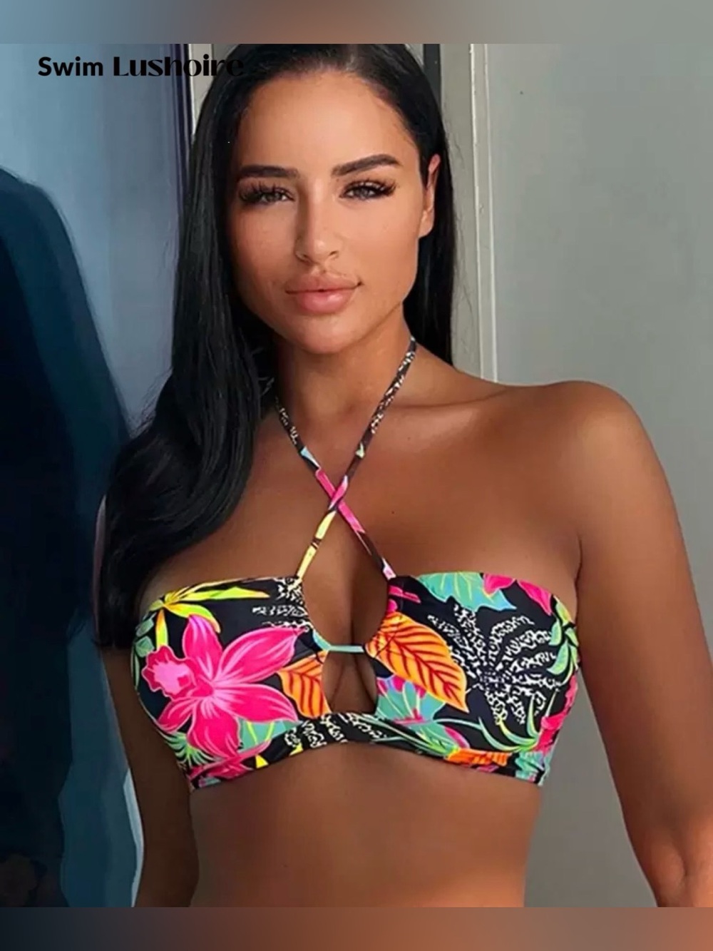 SHEIN Black High-Waist Bikini Bottoms with Neon Floral Bandeau Top